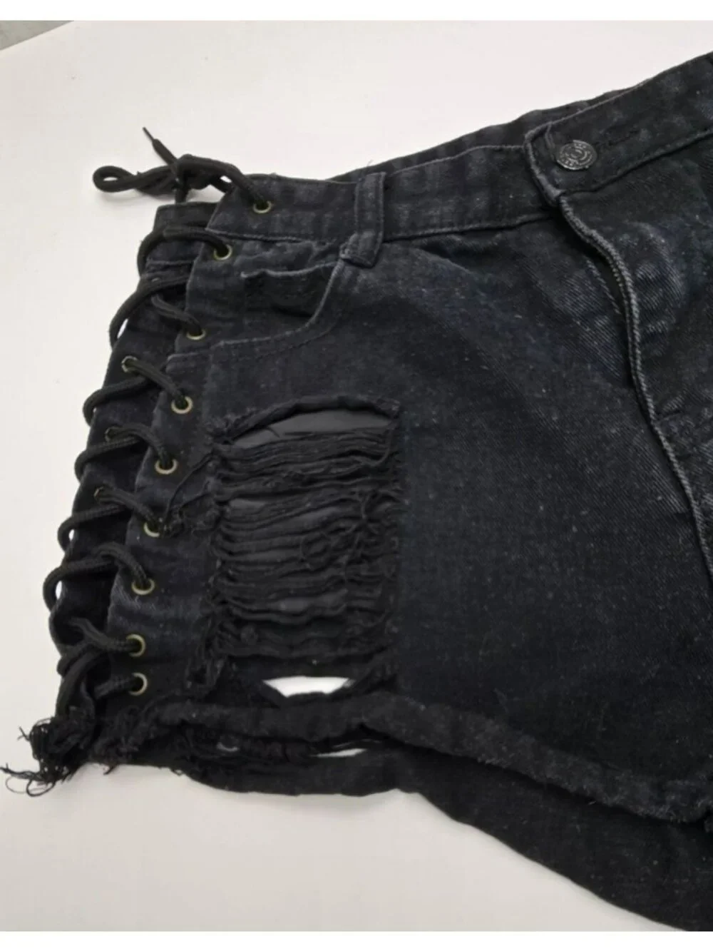 Black Distressed Denim Shorts With Lace-Up Sides And Frayed Hem Hot Pants JJ4380